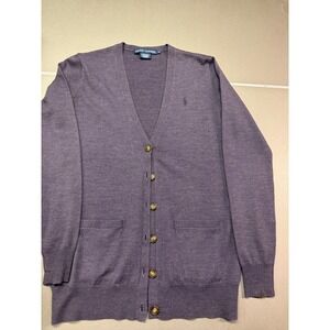 Ralph Lauren Purple Merino Wool V-Neck Cardigan Sweater Mens Small Pony Logo